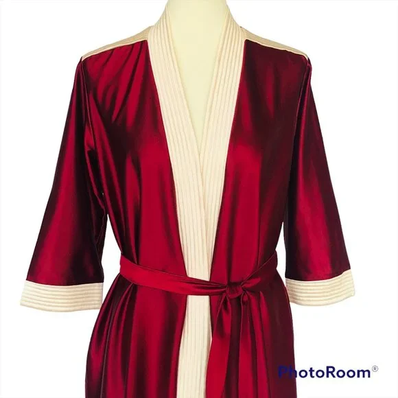 Bonnie | Intimates & Sleepwear | Vintage 98s Bonnie Satin Robe Dressing  Gown Burgundy Cream Women Size Medium | Poshmark
